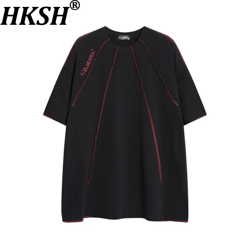 

Летняя мужская футболка HKSH в стиле оверсайз из темного хлопка с цветными блоками и декоративной строчкой, короткий рукав, уличный стиль, деконструированная, модная, для женщин, HK19801