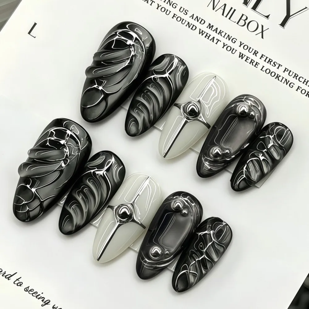 24Pcs Mid-length Almond Nails Press on 3D Gilded Silver Irregular Stripe Design False Nails Tips Full Cover Detachable Fake Nail