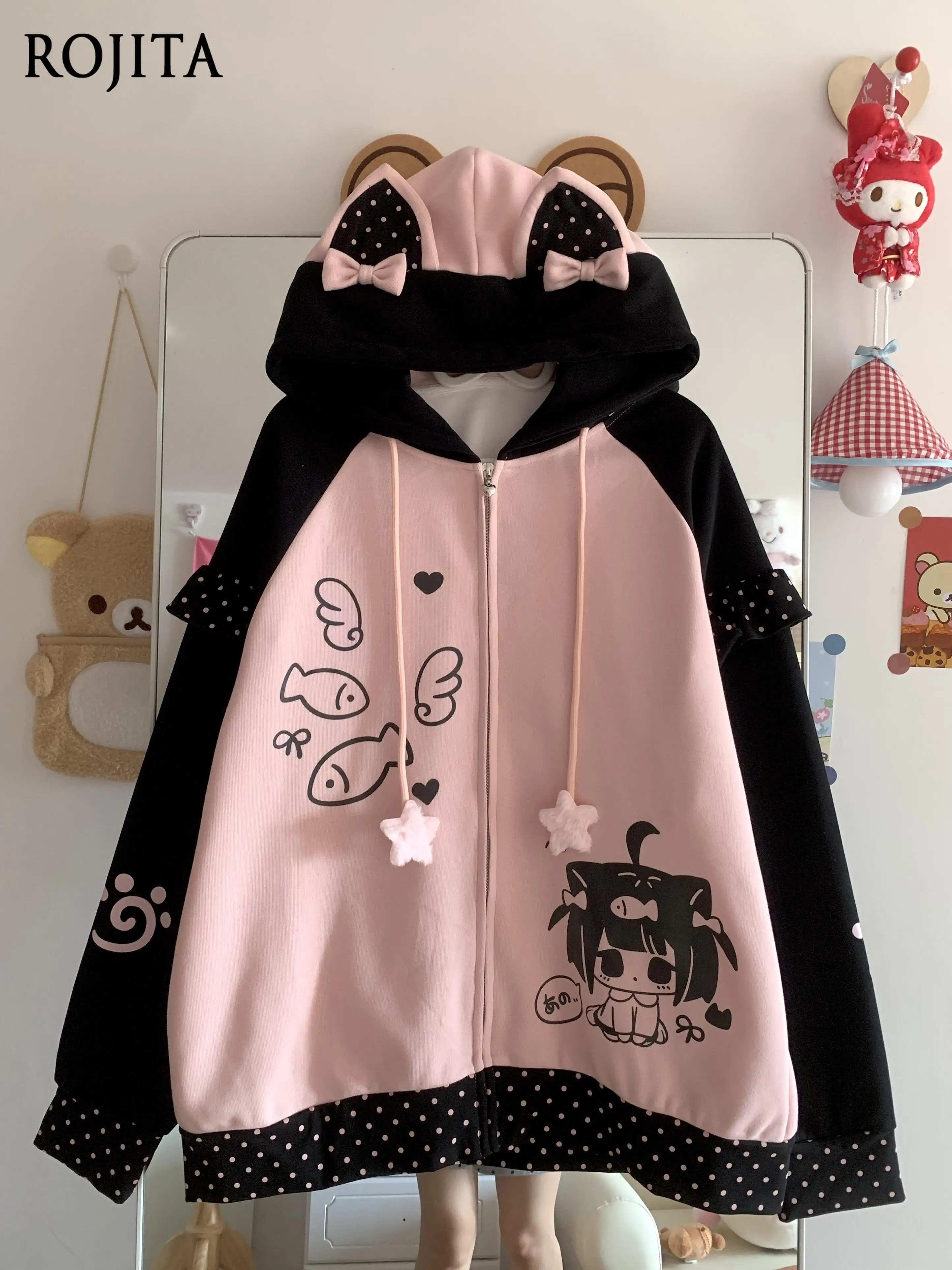

Homey Cute Ear Bow Sweatshirt for Women Autumn Sweet Soft Girl College Style Loose Polka Dot Long Sleeve Hooded Jacket 2025 New