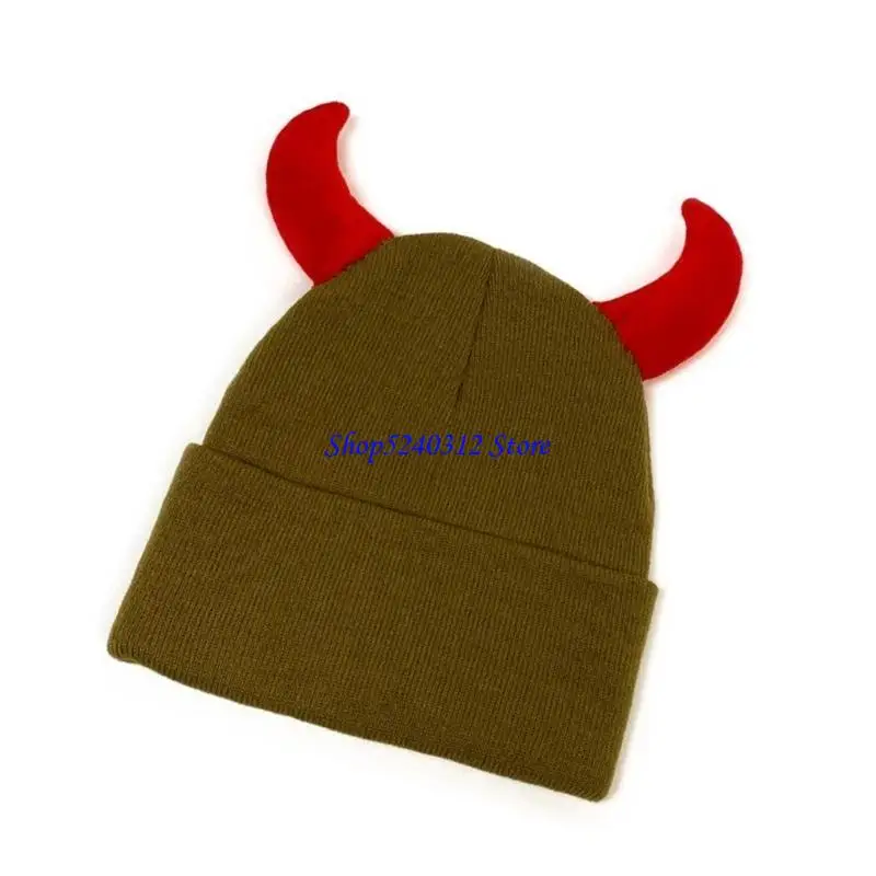 634C Cool Devil Horn Skull Hat for Adult Unisex Knitted Brimless Caps for Women Men Winter Warm Hat Halloween Costume Caps
