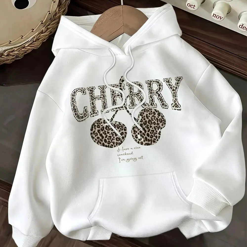 Leopard Print Cherry Print Hoodies Women Autumn Winter Vintage Casual Fashion Streetwear Long Sleeve Fleece Pullover Sweatshirts