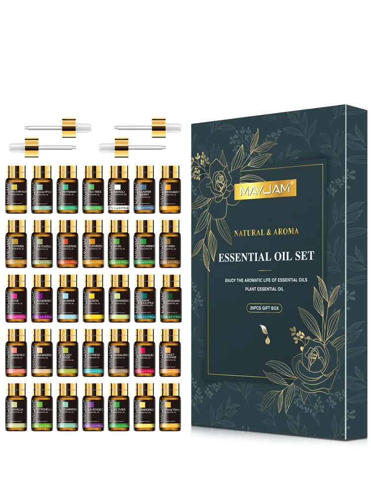 MAYJAM 35pcs/set ätherische Öle Kit Lavendel Jasmin Eukalyptus Vanille Sandalholz Pfefferminze Oregano Neroli Citronella Patchouli Orange Bergamot Aroma Öl für Diffusor Luftbefeuchter Kerze machen