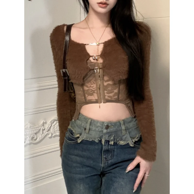 2023 Winter for Women Korean Style Retro Warm Soft Cashmere Sweater Cardigan with Lace Tank 2 Pieces Sets Long-sleeved Tops