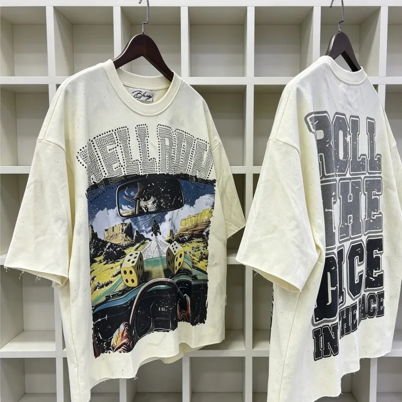 

Rhinestone Letter BKYS Cropped Tee Steering Wheel Dice Print Cut Edge Looped Short Sleeve Summer Loose Street Outfit Men Women