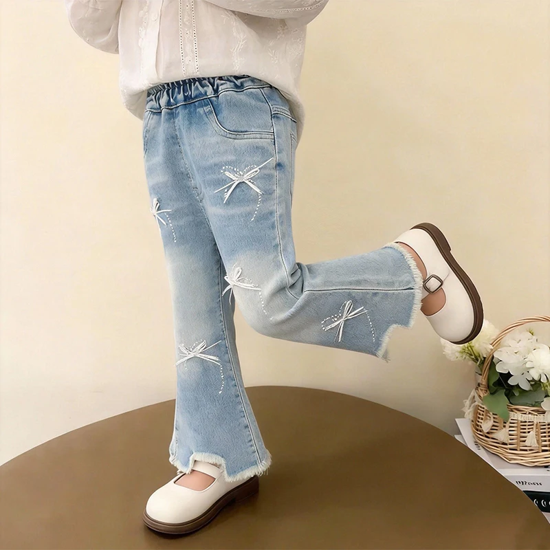 Jeans Spring and Autumn Washed Soft Denim Baby Girl All-Match Middle Pants Korean Children's Trousers