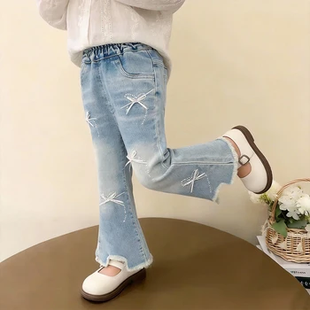 Jeans Spring and Autumn Washed Soft Denim Baby Girl All-Match Middle Pants Korean Children's Trousers 2