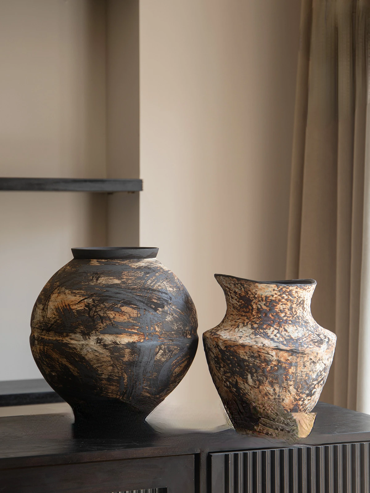High end handmade large belly vase with a quiet oil painting style, ceramic dry flower and hydroponic dual-purpose decorative fl