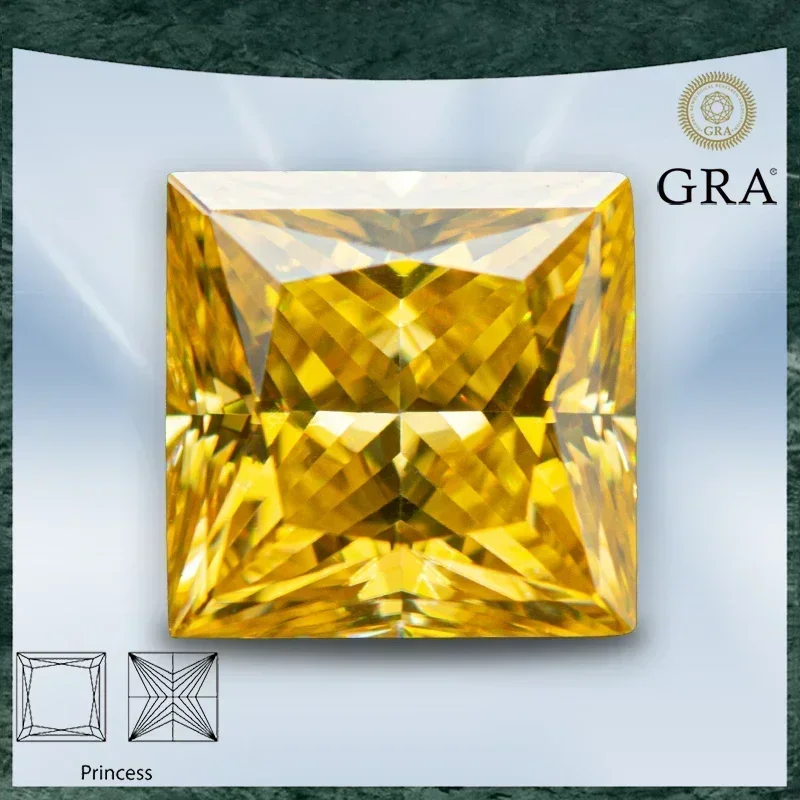 

Moissanite Stone Golden Yellow Color Princess Cut VVS1 with GRA Certificate Gemstone Charms Beads Top Jewelry Making Materials