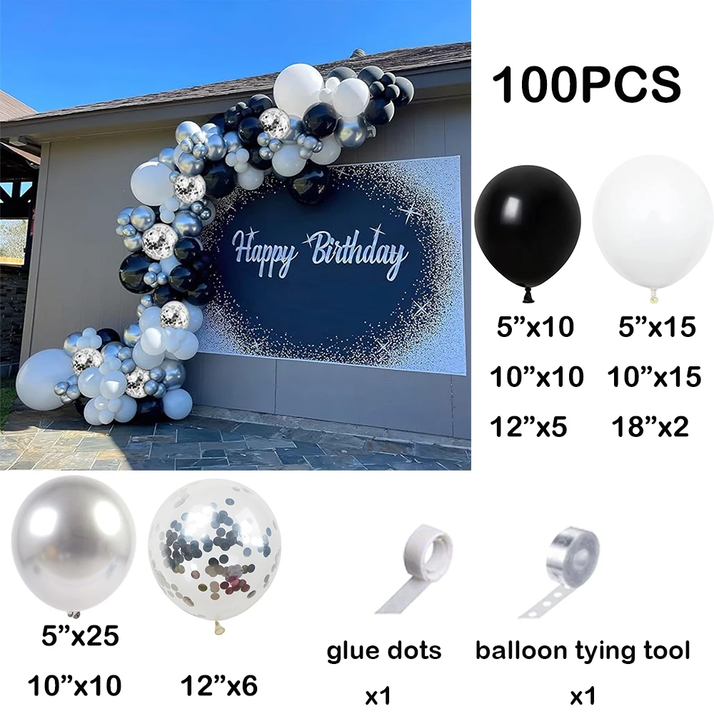 Birthday Party Decoration Balloons Kit Black White Silver Confetti Balloon Garland Arch Baby Shower Anniversary Wedding Globos