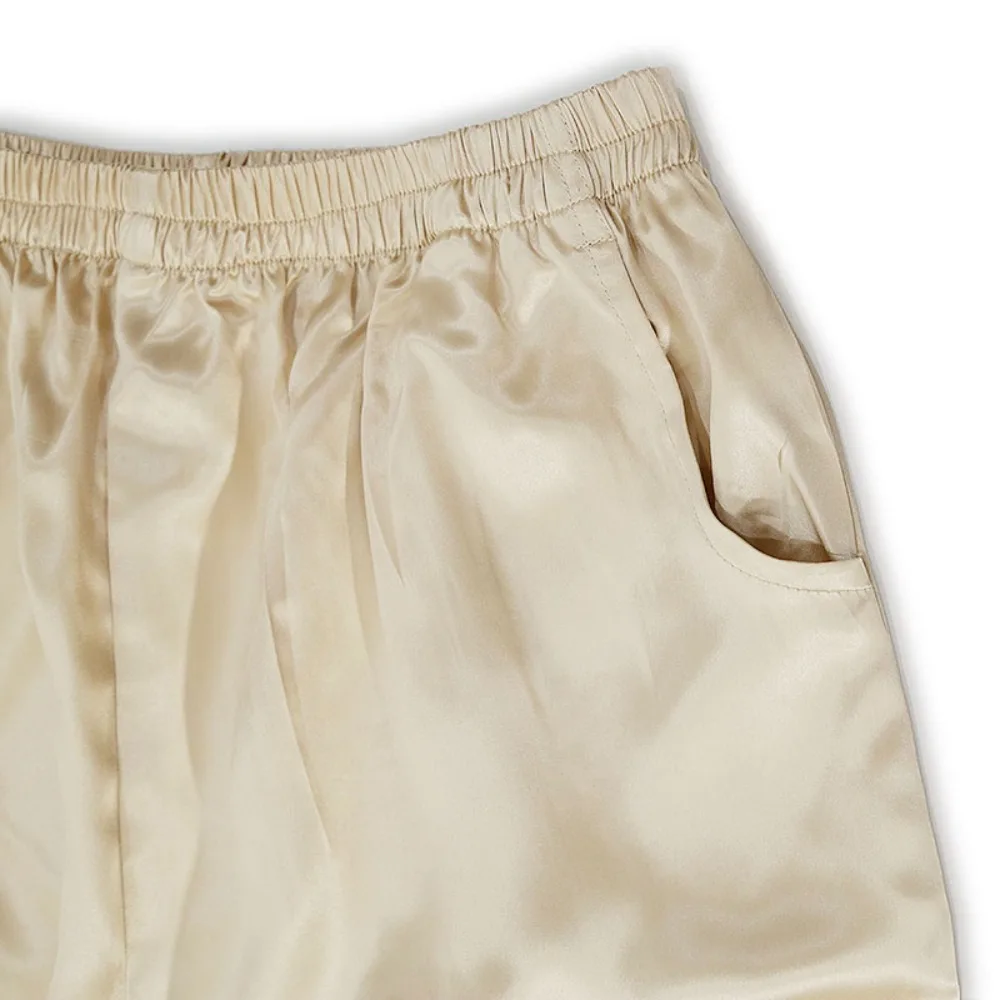 2026 Women's Spring New Heavy 22MM 100% Natural Mulberry Silk Plain Satin Pocket Design Champagne Nine Point Straight Leg Pants