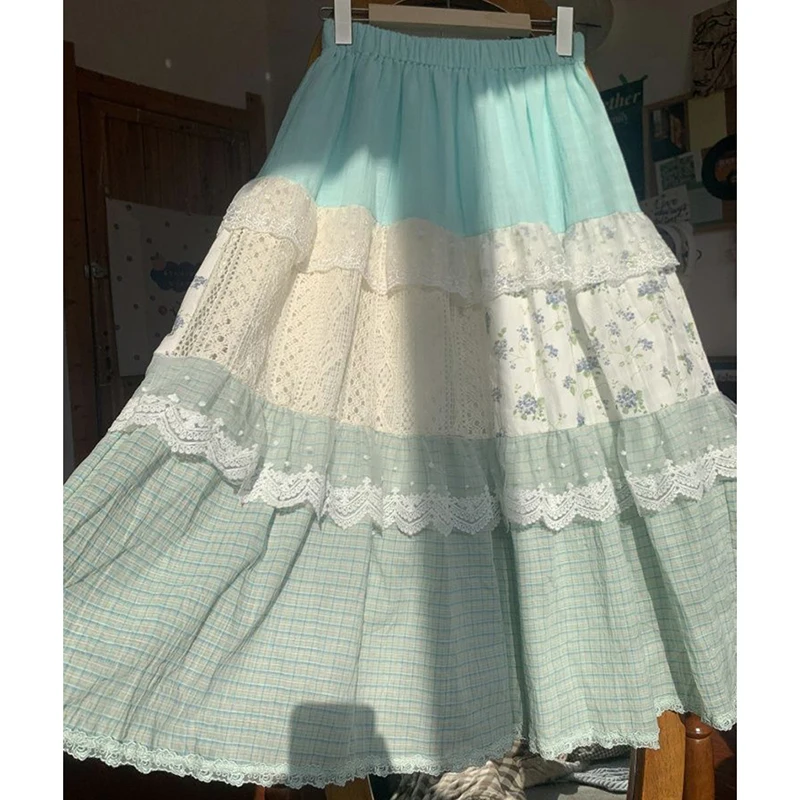 กระโปรงลายดอกไม้หวานๆ สไตล์ Preppy น่ารัก กระโปรงลูกไม้ซ้อนชั้น กระโปรงทรงเอ เอวสูง สไตล์ลำลอง เหมาะสำหรับวันหยุดพักผ่อนที่ชายหาด สไตล์ Y2K