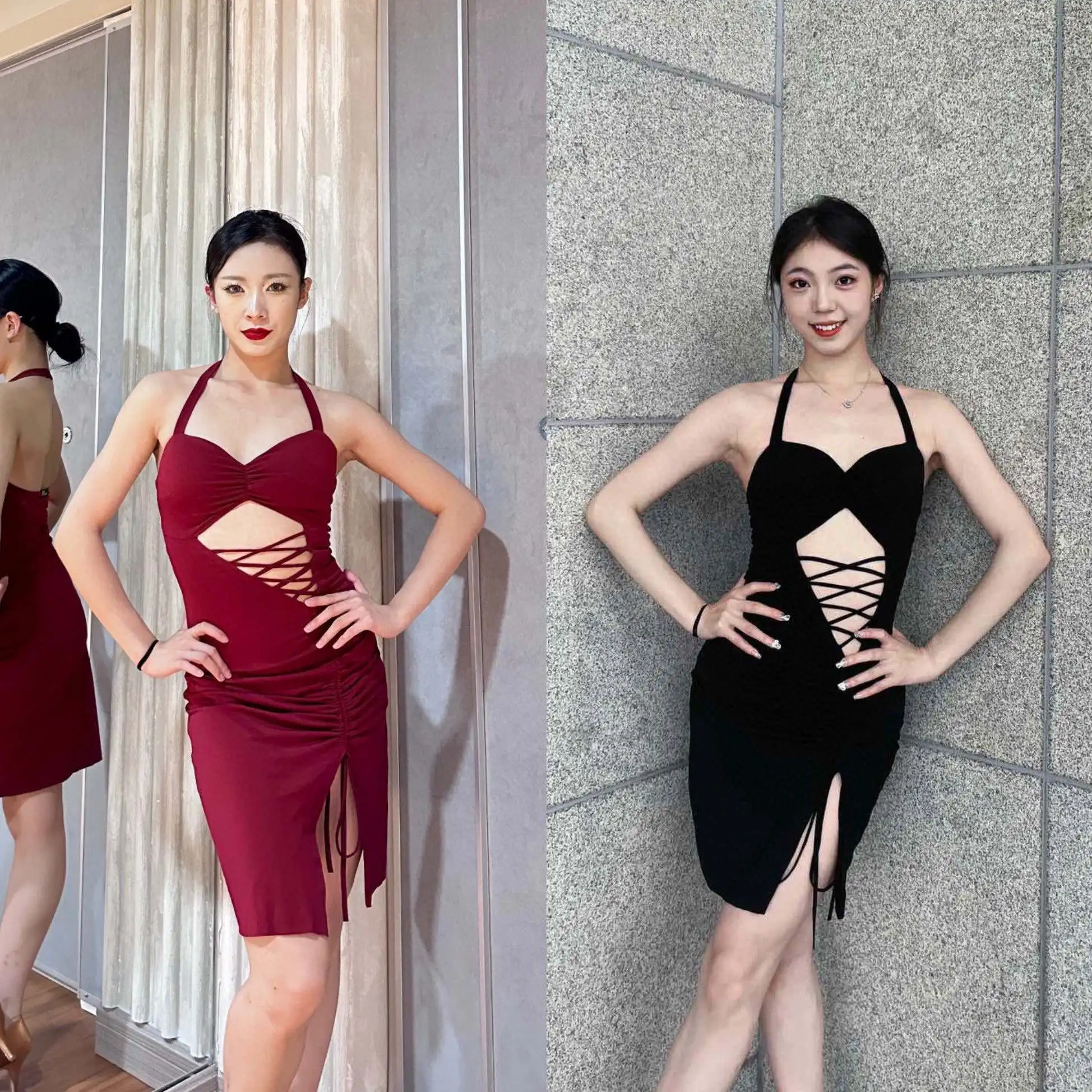 Women Latin Dance Dress Hanging Neck Hollow Out Strap Drawstring Dress Suit For Adult Chacha Rumba Latin Dance Costume DQL9844