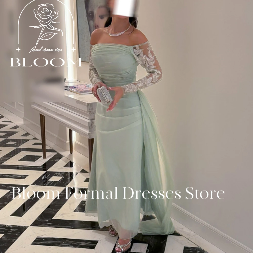 Bloom Customized Off Shoulder Zipper Back Boat Neck Solid Color Crystal Sequined Panel Train Dresses For Formal Occasions Woman