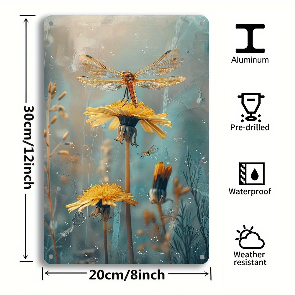 1PC Dandelion and Dragonfly Vintage Metal Plaque Iron Wall Art Decor Durable Garden and Home Hanging Sign Measures 8x12 Inches