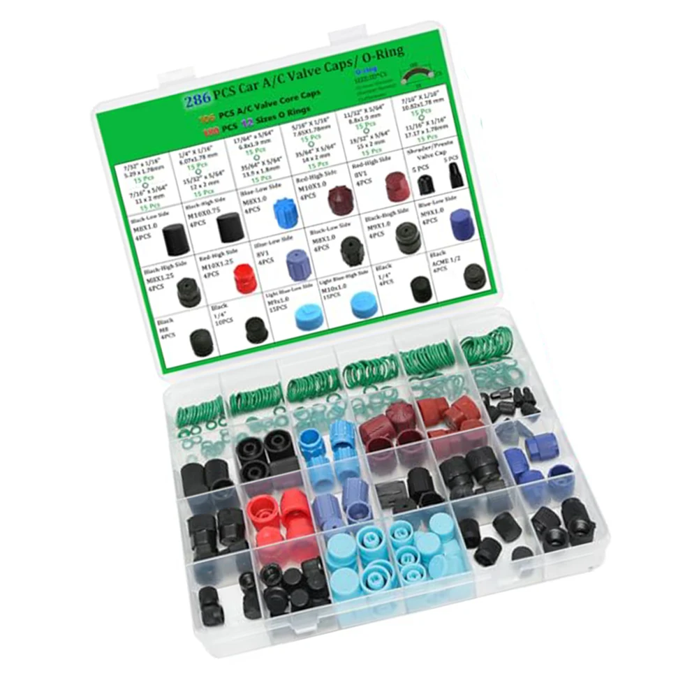 /286Pcs /R134a /AC Valve Cap Kit With 180 O Rings 31 Styles For Car Air Conditioning High Low Pressure Port Seals Repair Tools S
