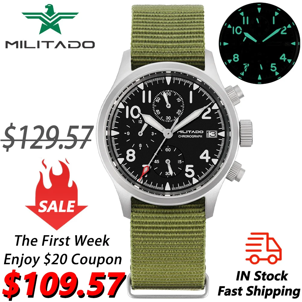 Militado ML1868KF 3 Dial Quartz Watch VK67 Chronograph Movement Luminous Sapphire Glass 100m Waterproof 39mm Military Watches