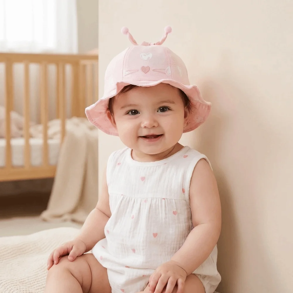 

Soft Heart Print Infant Bucket Hat Pleated Wide Brim Baby Sun Hat Bow Ball Toddle Fisherman Hat Summer