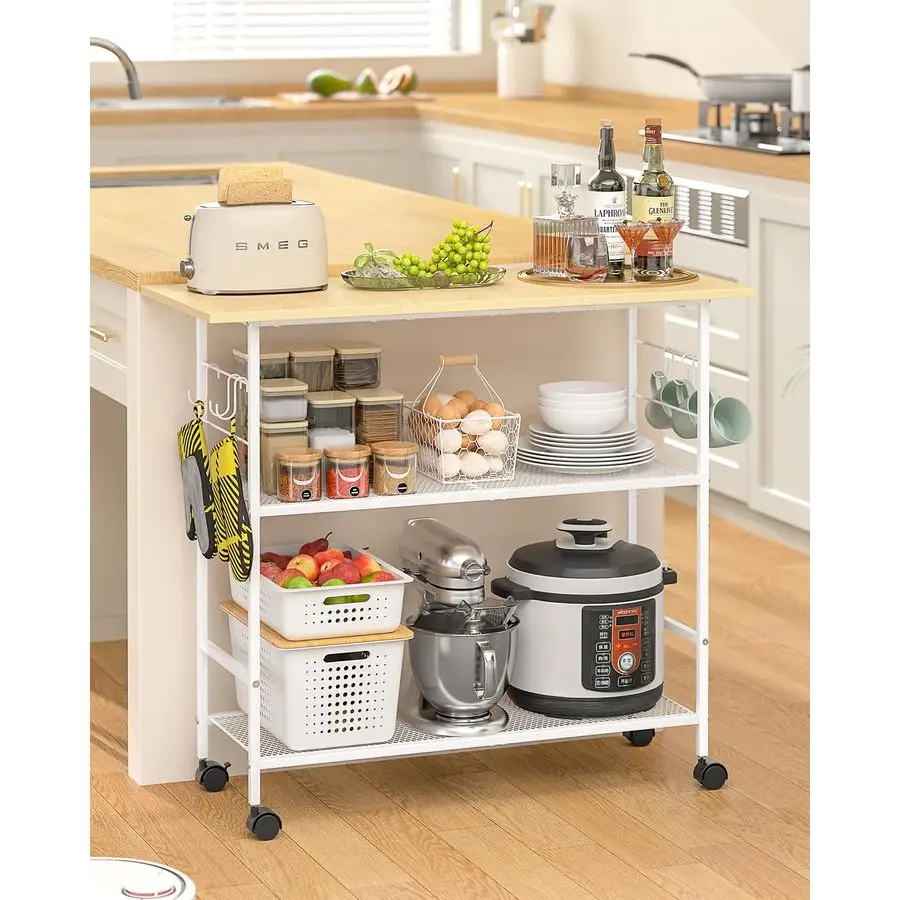 3段棚付きアイランド、6つのフックと保護棚付きの移動式キッチンカート、ロック可能な車輪付き電子レンジスタンド、ベーカーズラックC