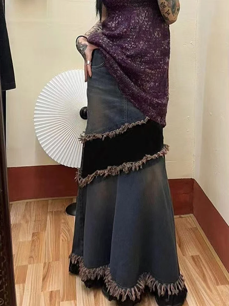 الرجعية المرقعة اللون بلو تصميم المتوترة هيم الدنيم تنورة المرأة الخريف جديد الرغبة النقية ألف خط Fi الذيل تنورة