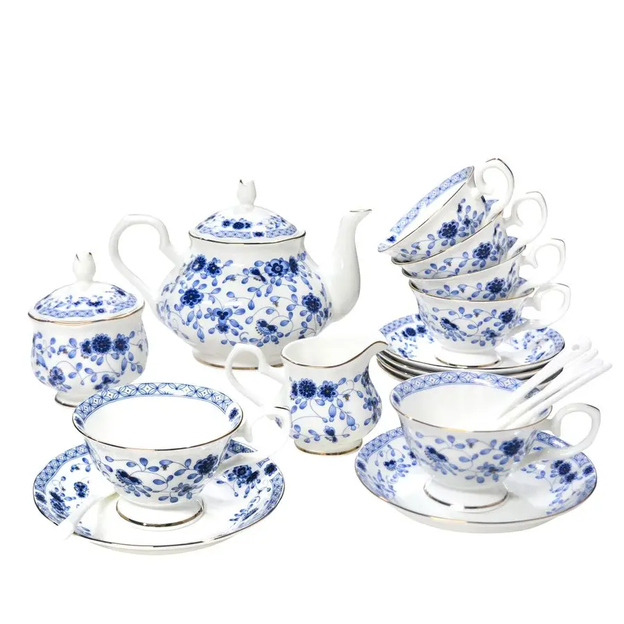 

China Tea Set, 21Pieces Porcelain Tea Set for Adults, Tea Cups And Saucers for 6, with Teapot, Spoons, Sugar Bowl, Creamer Pitch