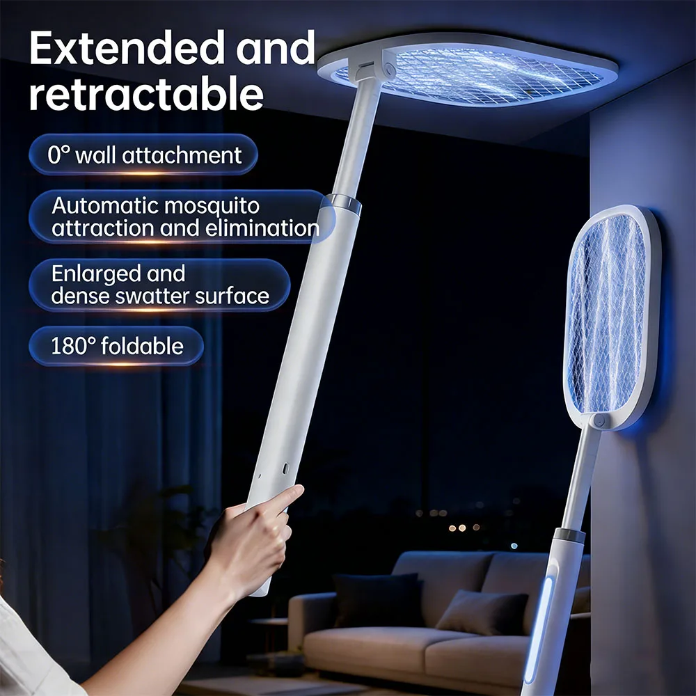 2 in 1 Mosquito Killer Lamp Retractable Electric Mosquito Swatter Home Indoor USB Rechargeable Foldable Bug Zapper Racket