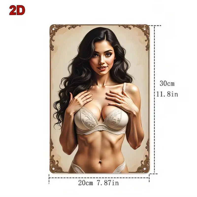 2D Vintage Metal Tin Sign, Lingerie Model w/ Ornate Frame - 20x30cm Retro Wall Art, Iron, Home/Bar/Cafe/Bedroom Decor