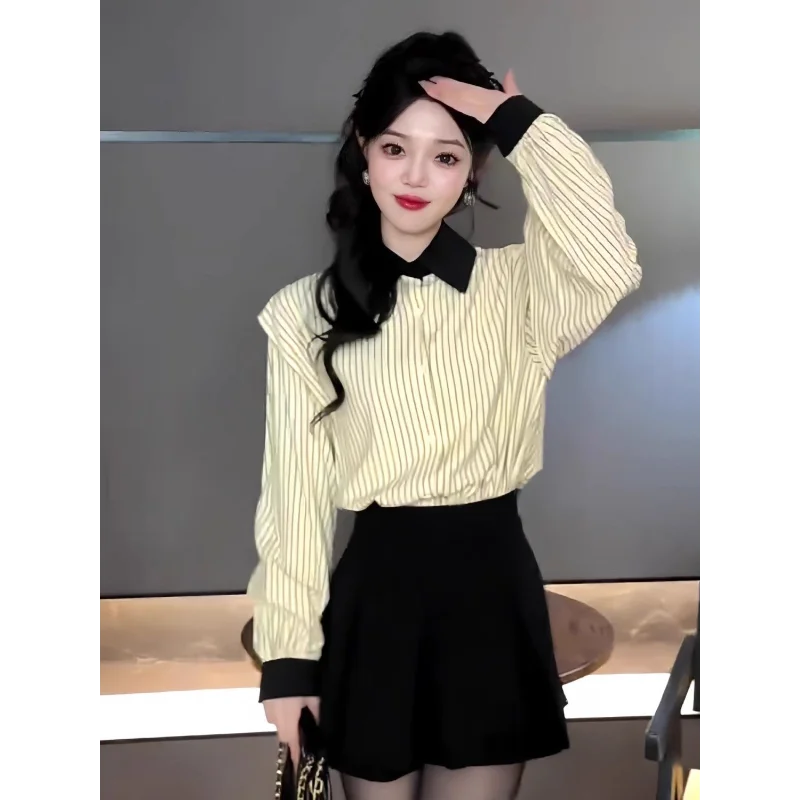 

Korean Style Design Lapel Contrast Striped Long-sleeved Women's Autumn New Casual Shirt