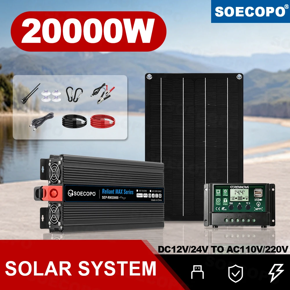 20000W Solar Power System Kit Whit 600W Panel Durable Inverter Controller for Emergency Backup Picnic Party Daily Generation Car