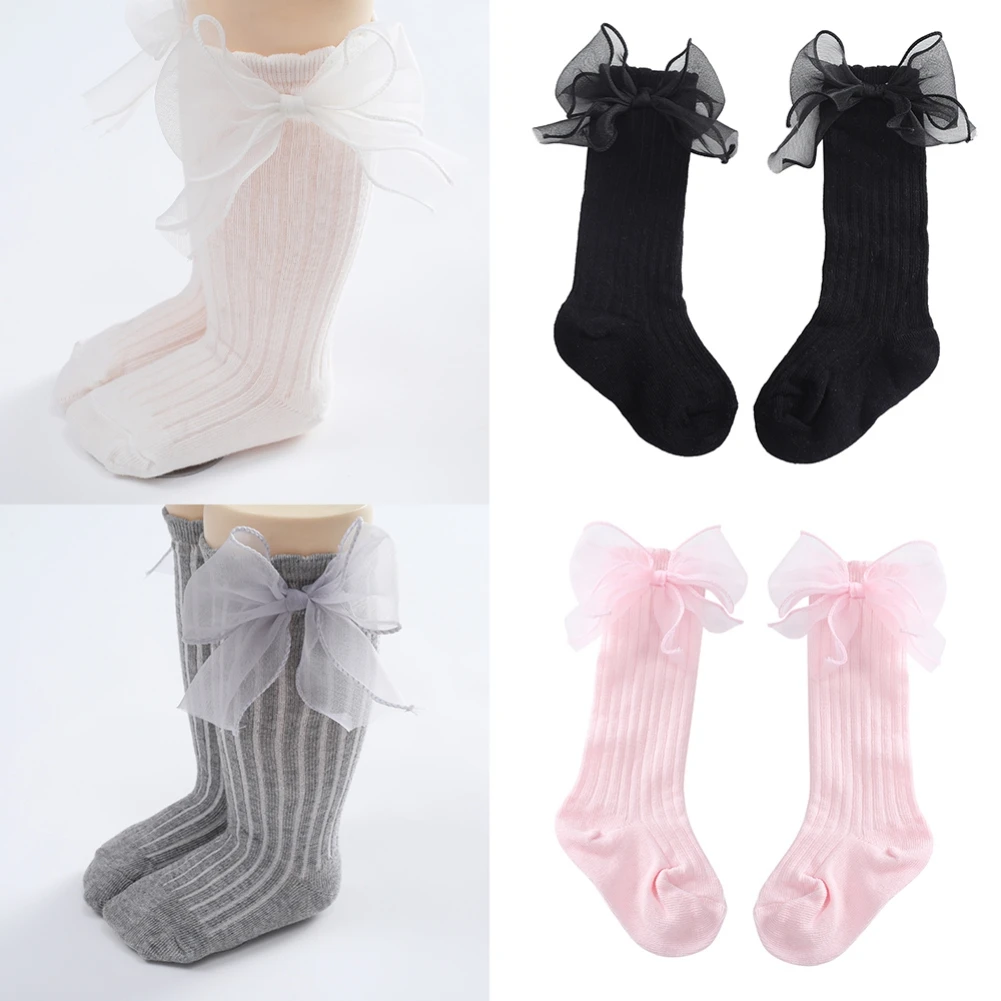 

0-3Y Newborn Baby Girls Socks Kids Toddlers Big Bow Knee High Socks Breathable Long Soft Cotton Lace Baby Children Warm Socking