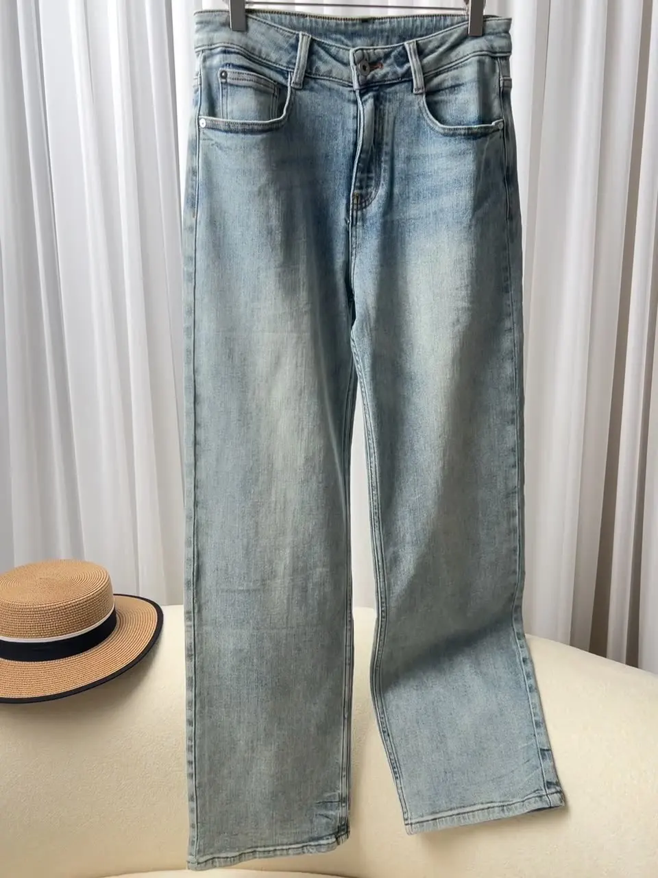 Autumn new vintage stretch cotton washed gray blue straight tube lengthened version all-match casual jeans for women