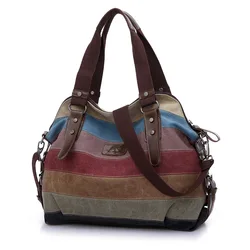 Fashion Designer Women Handbag Panelled Canvas Lady Tote Large Capacity Shoulder Bag Rainbow Stripe Handle Bag Shopping purses