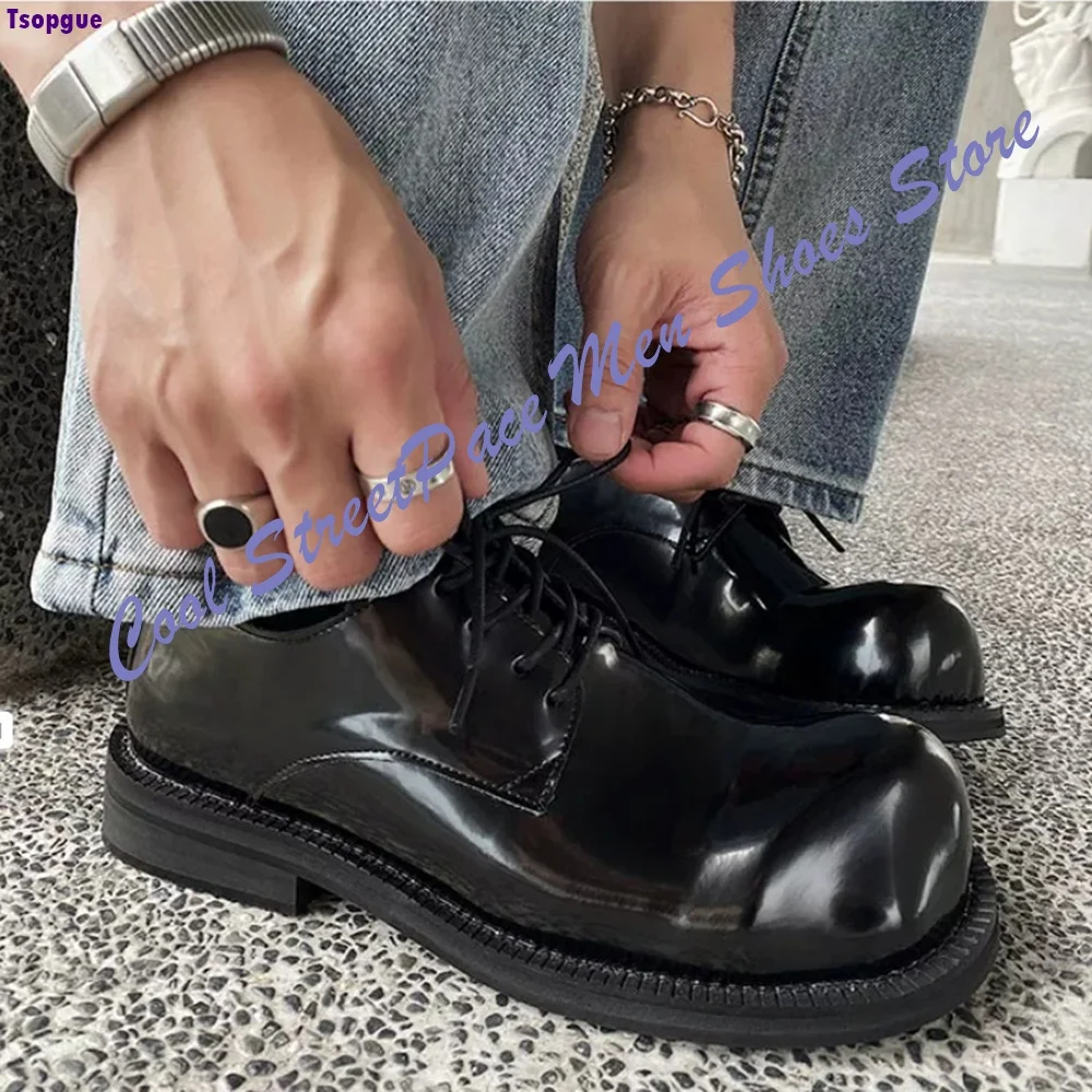 Men Black Shiny Leather Big Round Toe Men Shoes Full Lace Up Thick Platform Sole Street Casual Dress Shoes Streetwear Office