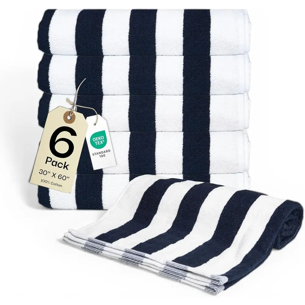 

6-Pack Striped Beach Towels - 30x60 Quick-Dry, Ideal for Pool, Travel, Gym, and Bath, Oversized Vacation Essentials, Navy Blue