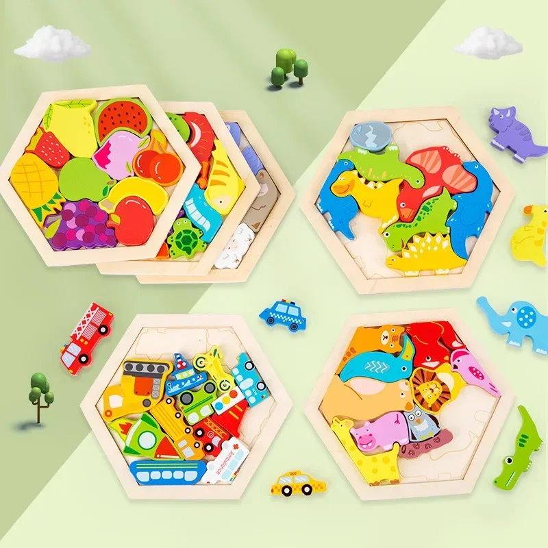 Puzzle 3D en bois Montessori pour enfants, jeu de puzzle, dinosaure, fruits, circulation, forme assortie, apprentissage précoce, cadeau