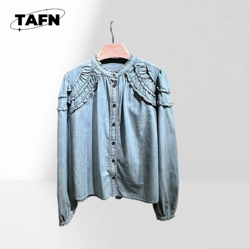 

25. Ранняя осень, синяя блестящая креповая плиссированная декоративная мягкая клейкая джинсовая однобортная женская рубашка на плечах, AG1539