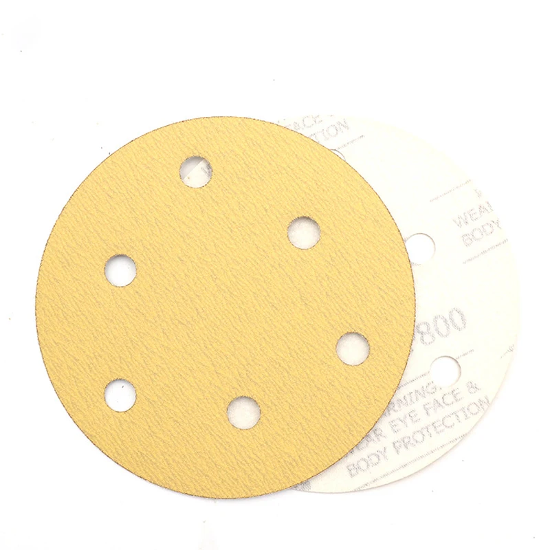 5pcs 5" 125mm Yellow Flocked Sandpaper Disc With 6-holes Grit 60-800# Hook&Loop Abrasive Grinding Polishing Pad for Dremel Tools