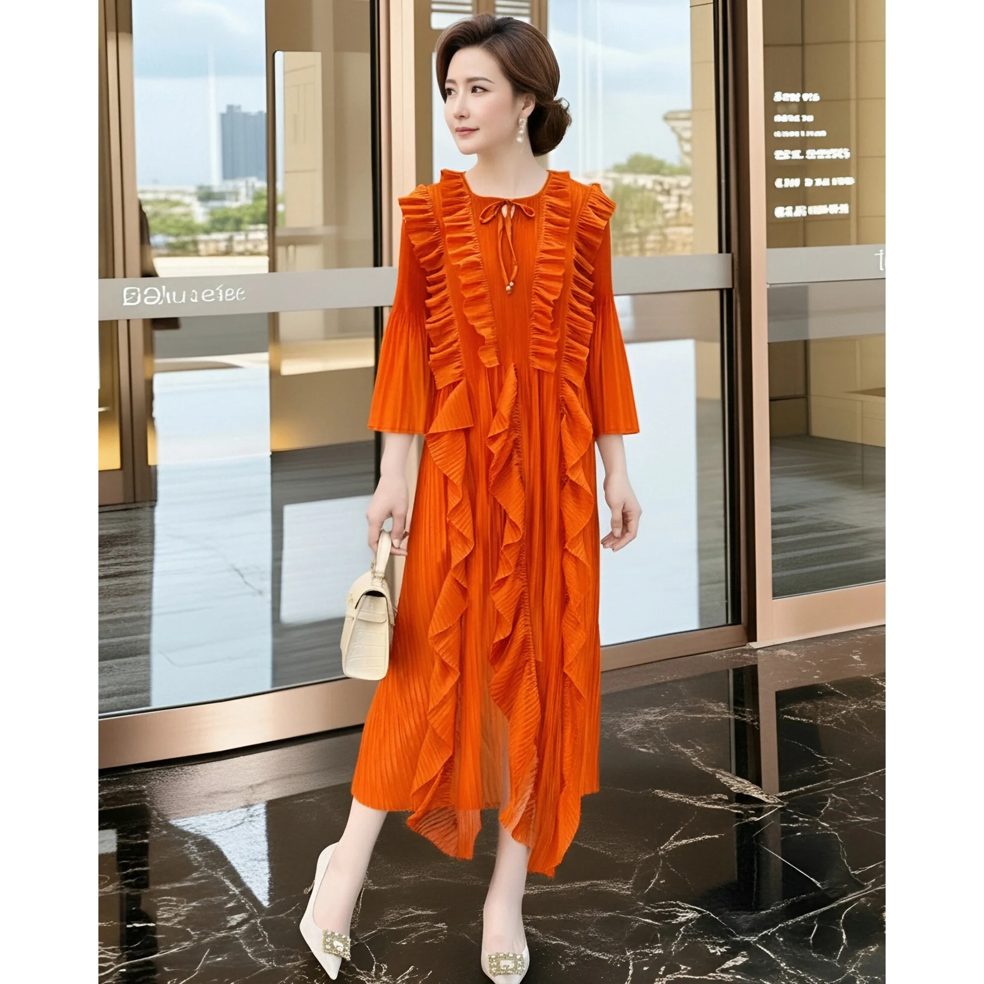 

Miyake's Elegant High-end Dress Spring Pink Long Skirt Fashionable Irregular Design Pleated Loose Women's Clothing