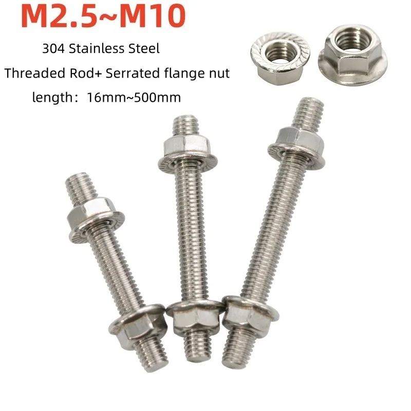 

304 Stainless Steel Full Threaded Rod Fully Metric Thread Rods Shaft Bar Screws and Serrated Flange Nut Combination Set M2.5~M10