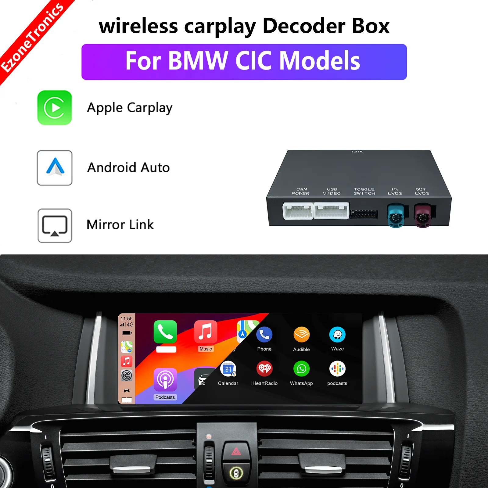 Ezontronics Wireless CarPlay Android Auto retrofit kit decoder box for BMW CIC 1 3 5 6 7 Seires X1 X3 X5 X6 Z4 Mirror link