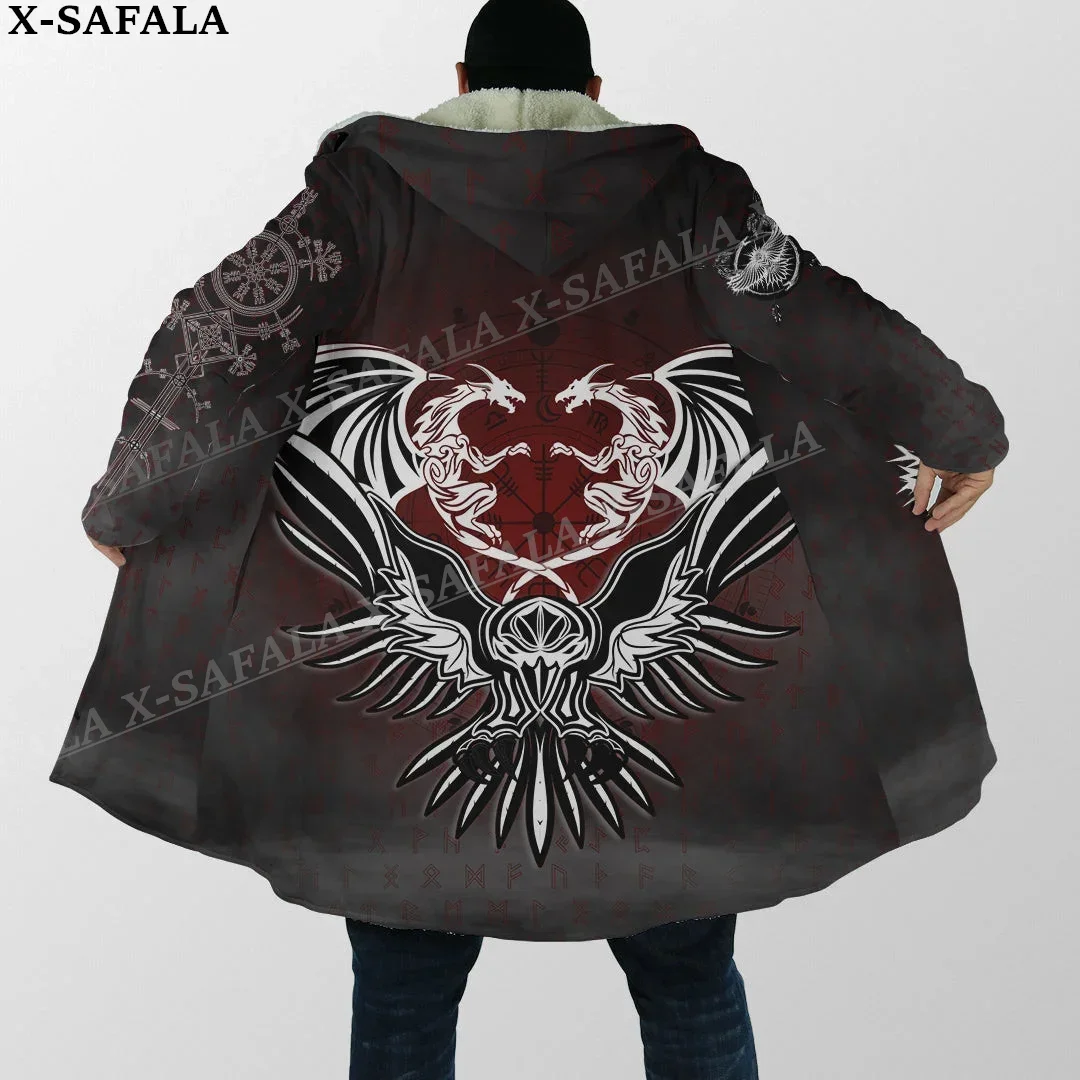 Symbol Tattoo Raven Odin Viking Mythology Thick Warm Hooded Cloak Men Overcoat Coat Windproof Fleece Cape Robe Hooded Blanket-1