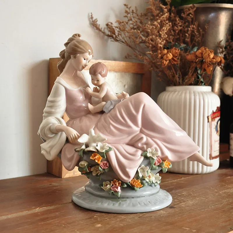 Mother's Day Gift Hand-painted Ceramic Mother and Son Figurine Mom Hold Baby Sculpture Home Desktop Decorations Birthday Gift
