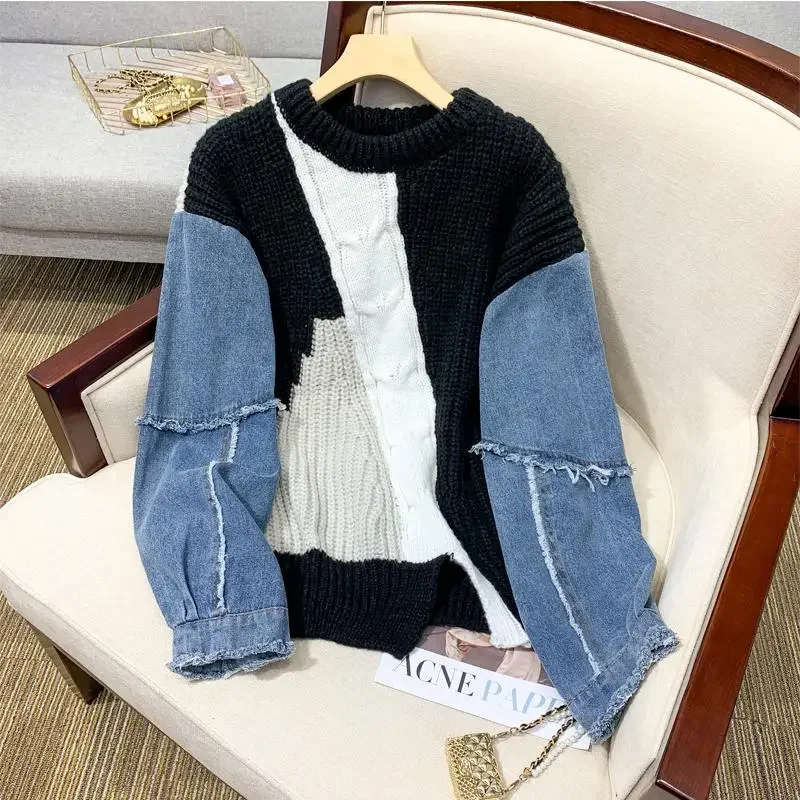 Dimanaf 2024 Winter T-Shirt Oversize Women Sweaters Denim O-Neck Patchwork Pullover Knitting Basic Blue Fashion Loose Sweater