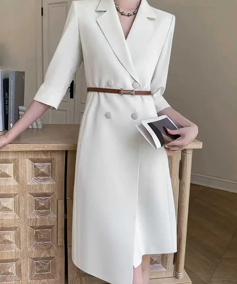 Elegant Off White Female Suit Dress Notch Collar Half Sleeve Waist Belt Costume For Interview Dating Banquet Customized