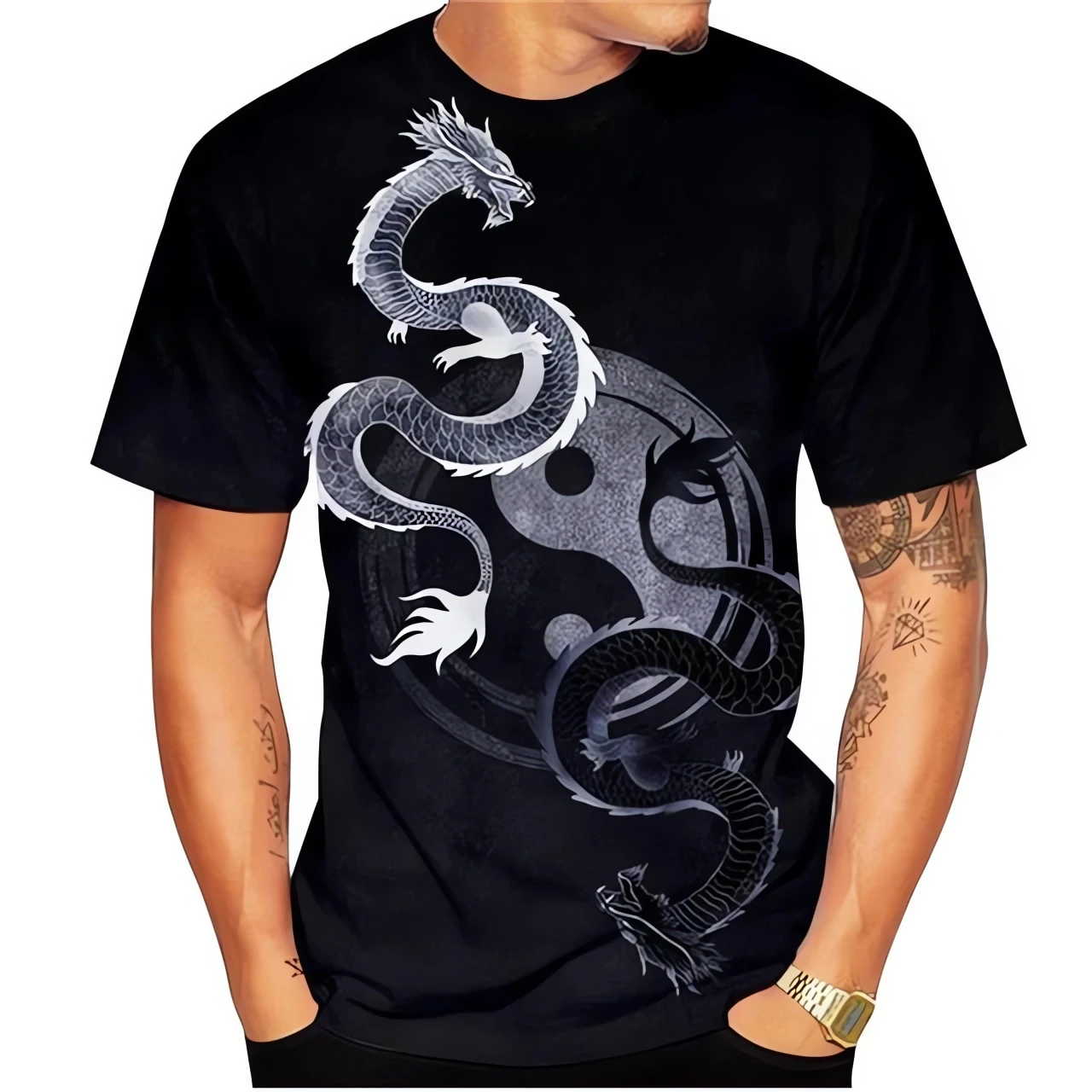 New Fashionable 3D Printed Bagua Taiji Yin Yang Dragon Casual Men's Large T-shirt