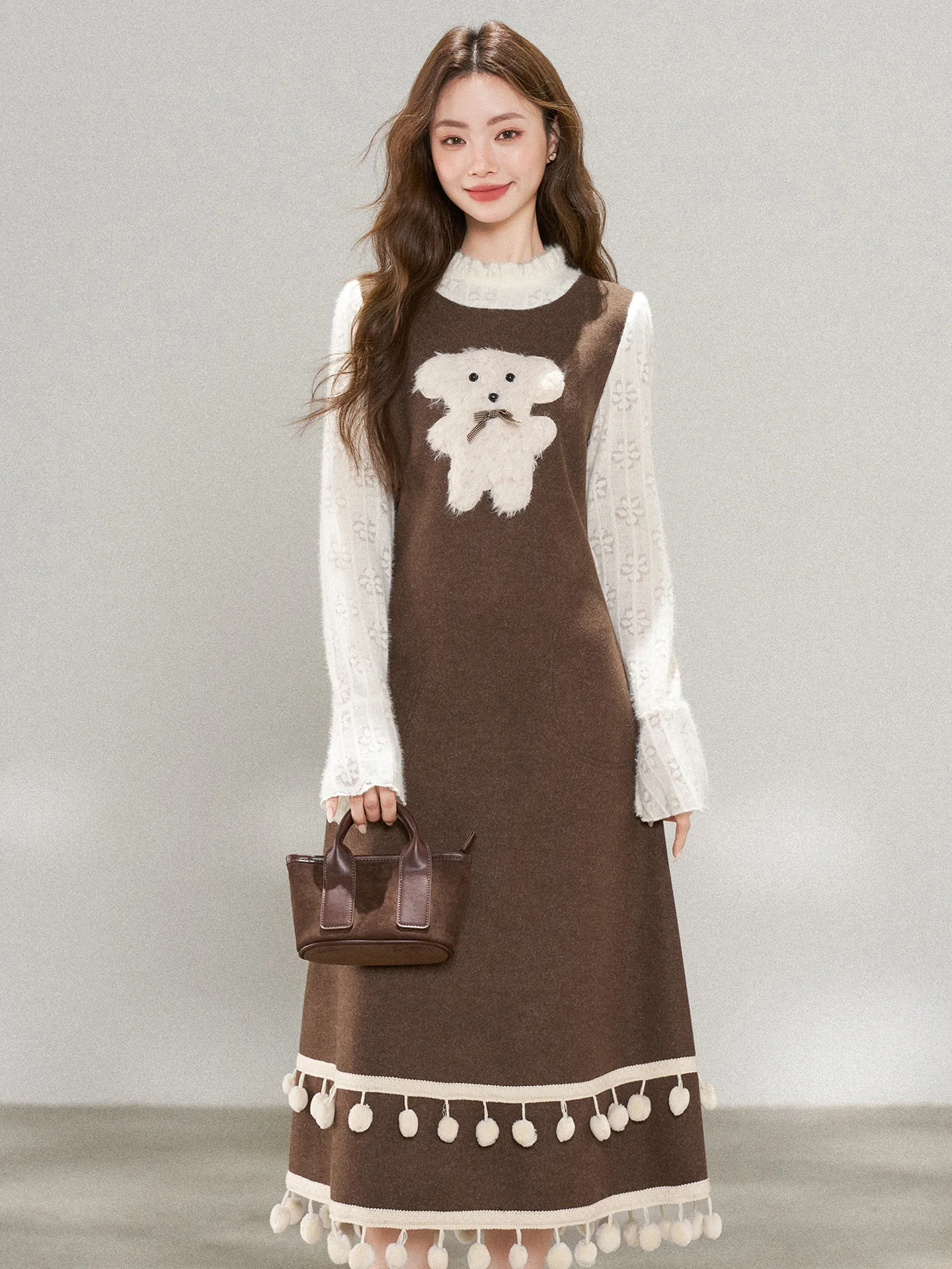 

Retro Coffee Color Fringed Dr Women's Autumn Winter New Sle Fake Two-Piece Splicing Long Dr High Waist A-Line Skirt