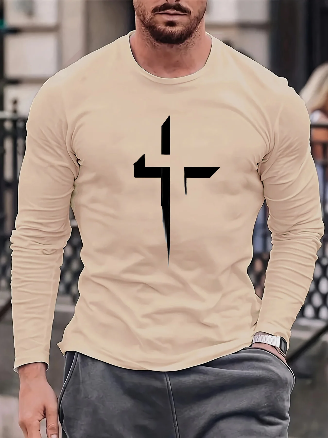 100% algodão puro masculino manga comprida em torno do pescoço solto casual padrão cruzado impresso primavera e outono versátil camiseta topo