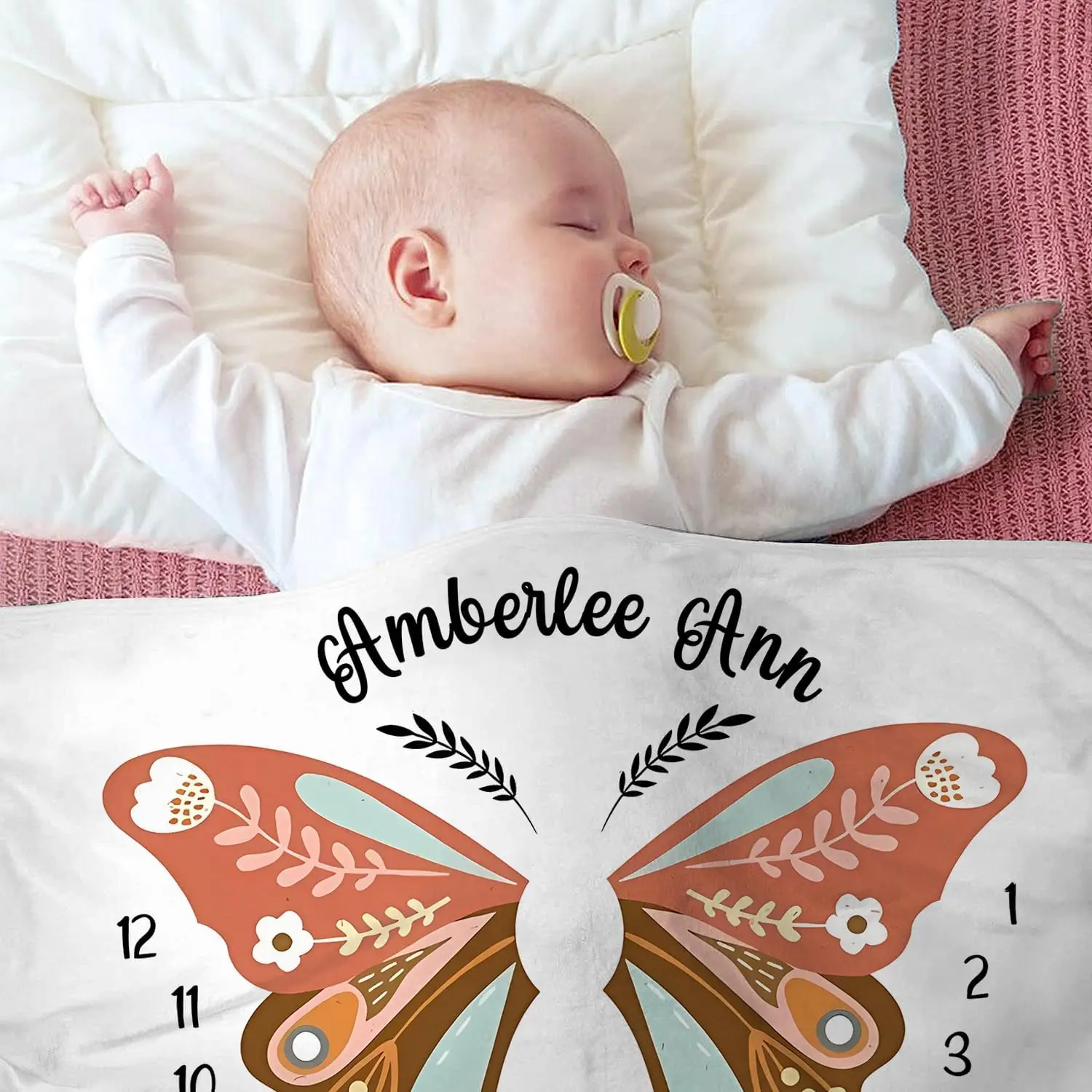 VIKAMA Newborn Commemorative Blanket Butterfly Pattern Baby Flannel Machine Washable Soft Skin friendly Blanket
