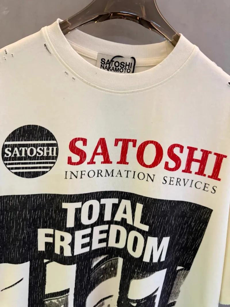 Satoshi Nakamoto Destroy Washed Shirts Men Women High Quality American Vintage White T-shirts