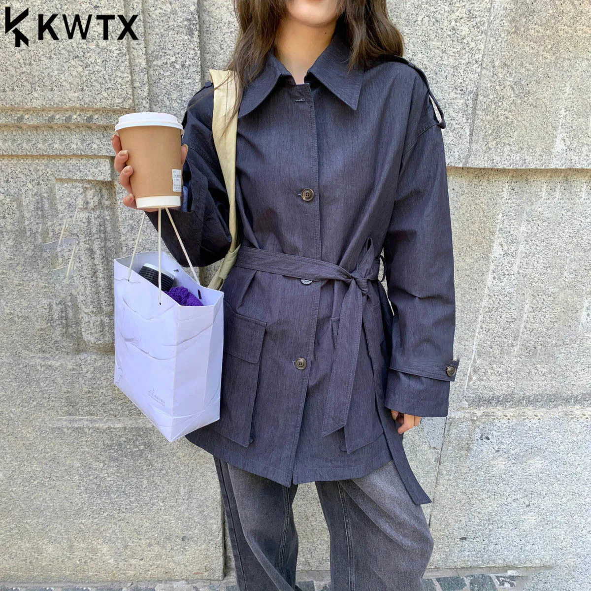

KWTX 2025 Women’s Trench Coat Casual Single Breasted Belted Mid-Long Fall Winter Coat Pure Color Pockets Elegant Outerwear