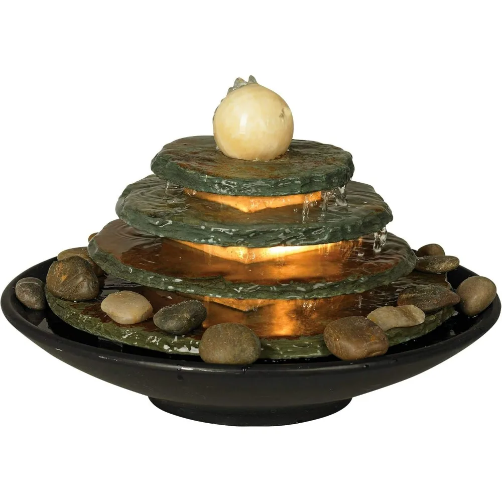 

Pyramid 10" High Small Zen Modern Indoor Decor Slate Stone Tabletop Fountain with Light Waterfall Feng Shui Ball Rock Water Feat